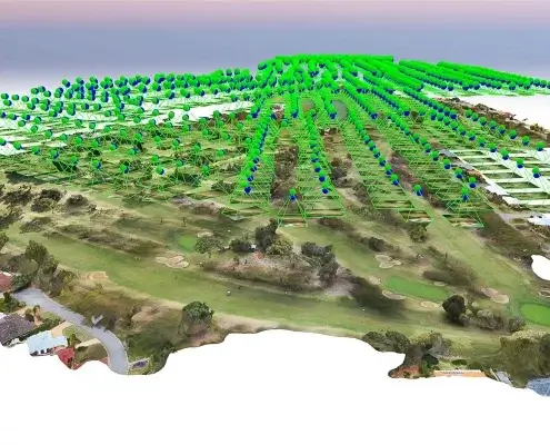 3D rendered model of a golf course created from a drone survey.